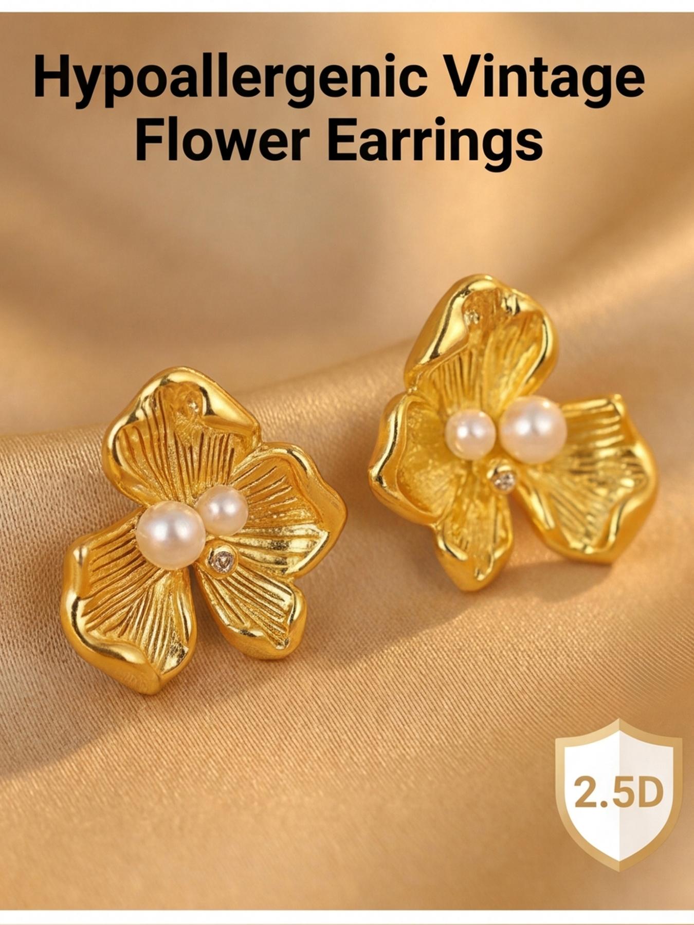 Women's Hypoallergenic Vintage Textured Flower Pearl Stud Earrings, Gold Plated 3 Petal Floral Pearl & Rhinestone Inlaid Dainty Earrings, New Chinese Style Fashion Jewelry for Everyday Wear Office Wedding & Gift