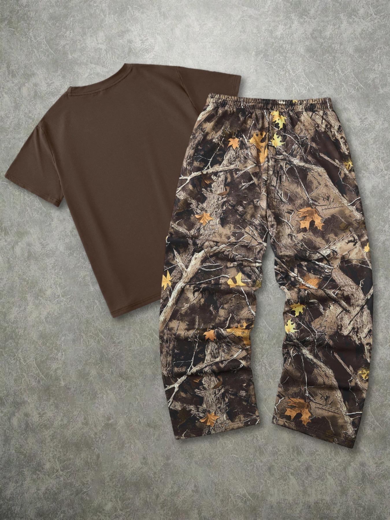 Men's Fashion Street Vintage Camo 2-Piece Set, Letter Print Short Sleeve T-Shirt & Leaf Camo Wide Leg Pants, Outdoor Adventure/street Style