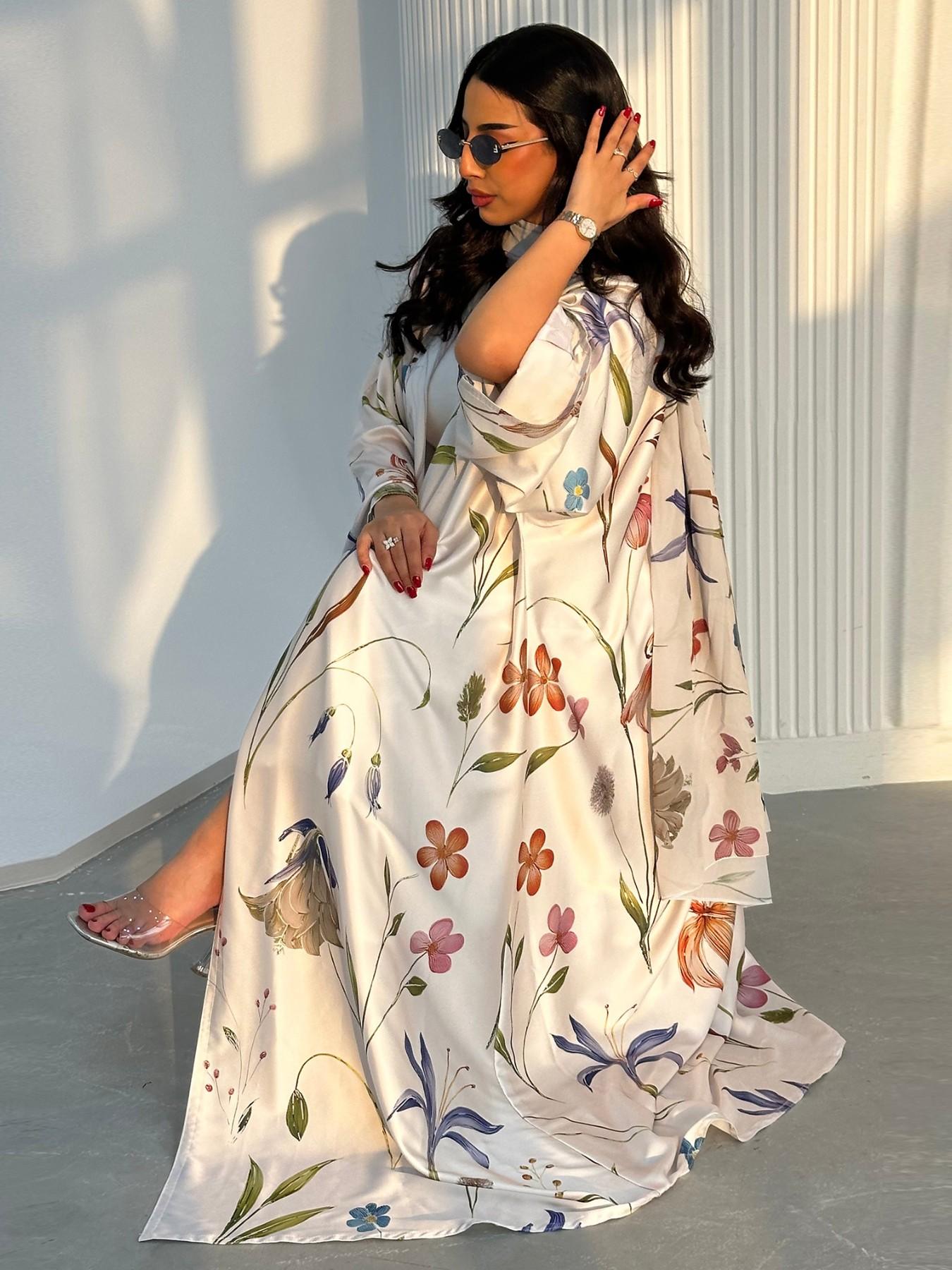 New Muslim Women's Loose Fit Open Front Robe, Printed Two-Piece Set with Headscarf, Casual Daily Wear, Comfortable and Stylish, Floral Abaya Set, Islamic Abaya, Muslim Clothing