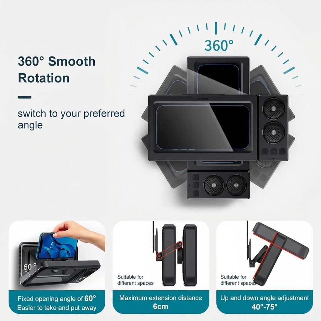 Waterproof box speaker, bathroom waterproof 360 ° rotating touch screen, Bluetooth speaker, watch movies, listen to music, phone holder Bluetooth speaker audio shower TV holder, swimming pool, kitchen, bathroom, sink