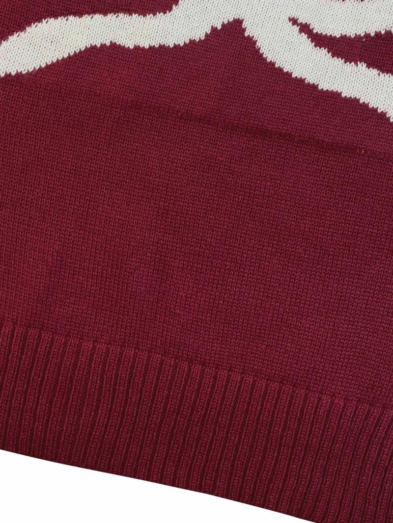 Elegant Women's Loose Bow Embroidered Moire Sweater, Casual Round Neck Long Sleeve Knitwear, Spring & Fall Fashion Elegant Women's Loose Bow Embroidered Moire Sweater, Casual Round Neck Long Sleeve Knitwear, Spring & Fall Fashion