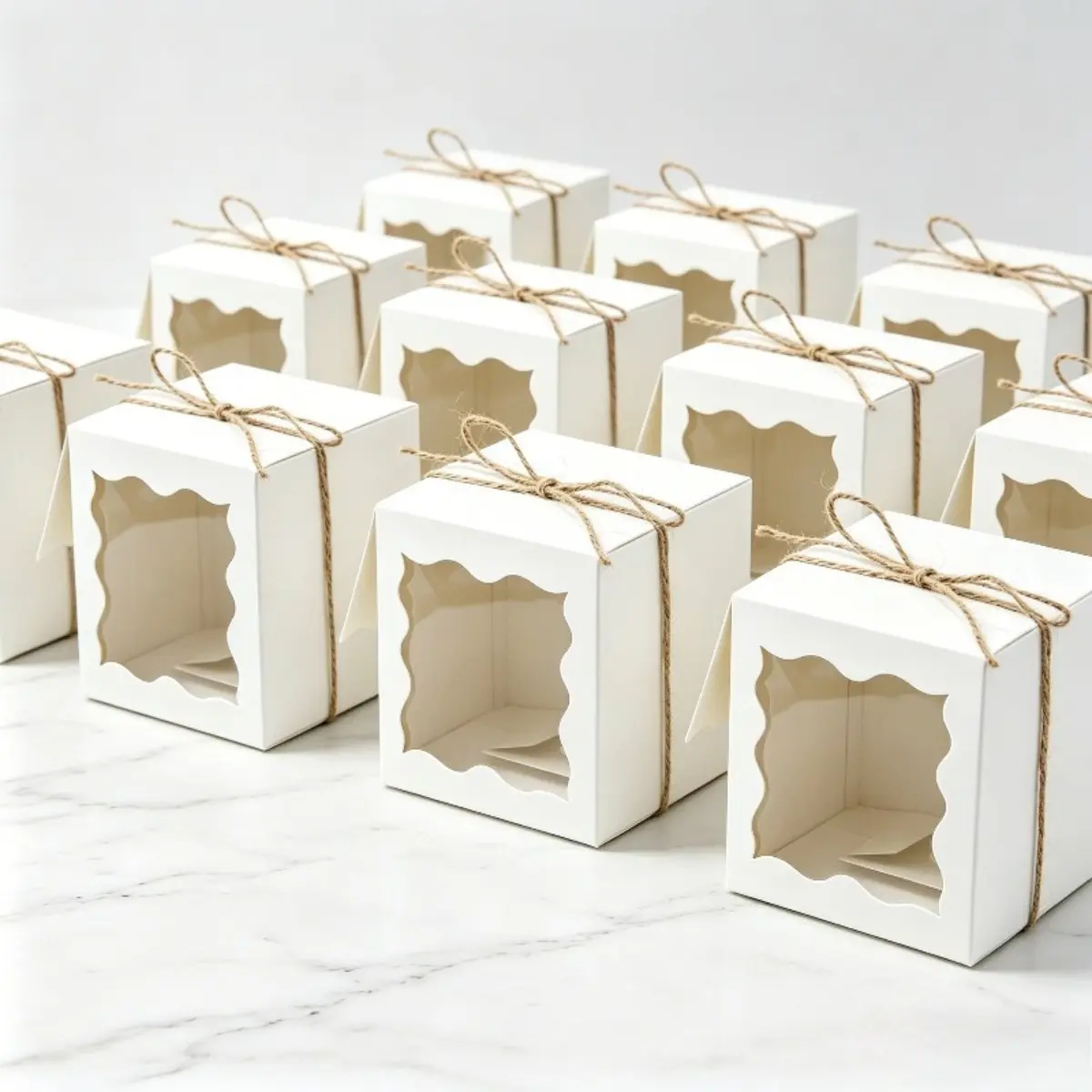 20-piece minimalist wavy-edge windowed gift box, transparent display packaging for presents, comes with jute twine and card, perfect for party favors, DIY crafts, and general-purpose gift wrapping