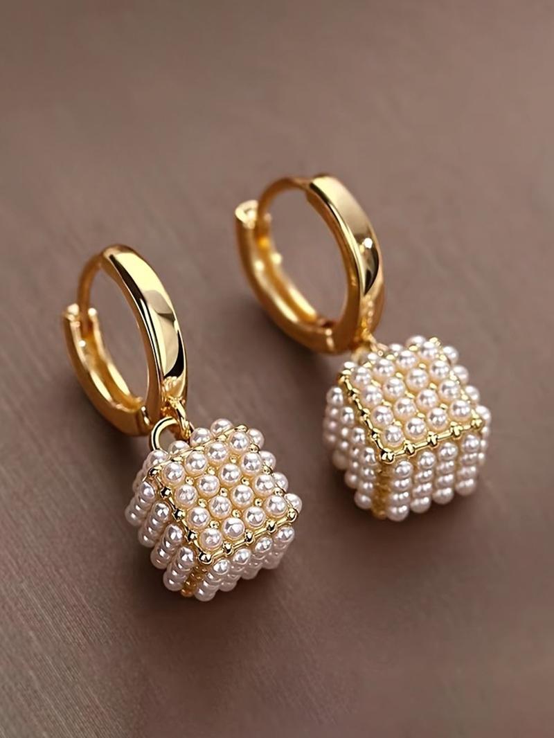 French Vintage Geometric Square Faux Pearl Earrings, Simple Elegant Design, Unique Ladies' Daily Wear Party Jewelry, High Quality Earrings