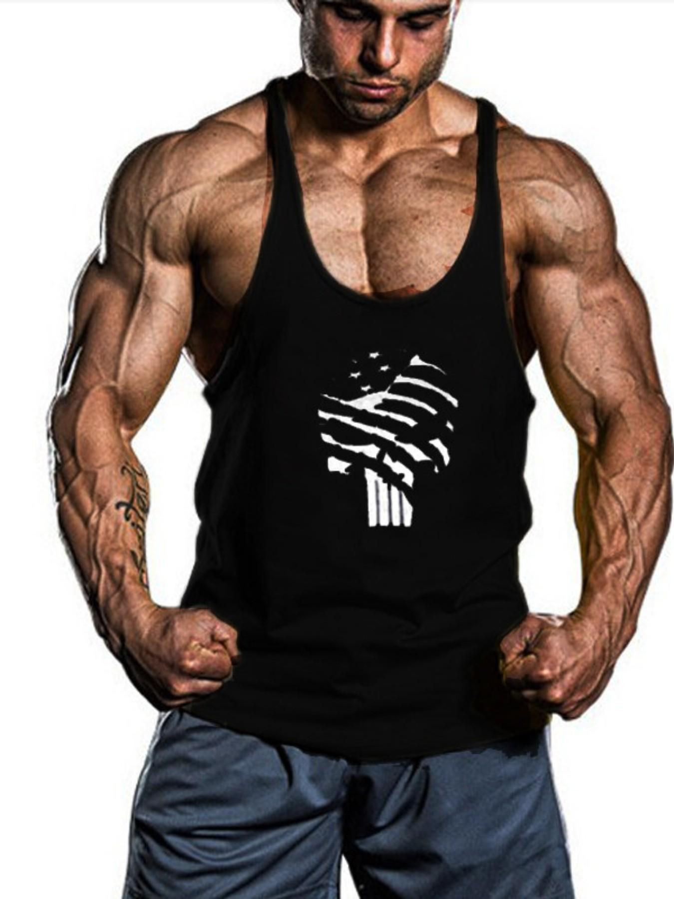 Men's Flag Skull Graphic Fitness Tank Top, Sporty Loose-Fit Sleeveless Shirt, Muscle Training Apparel for All Seasons