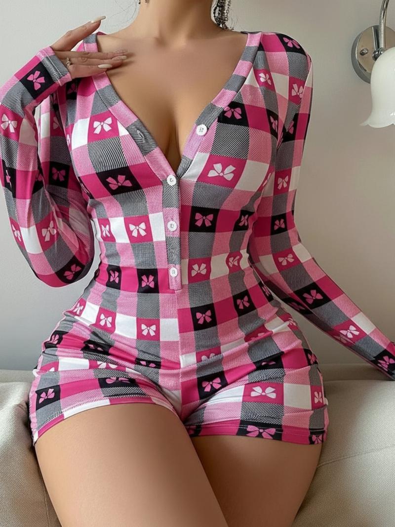 Women's Cozy Long Sleeve Buttoned Pajama Romper, All over Print One Piece Loungewear Bodysuit, Comfortable Sleepwear for Women