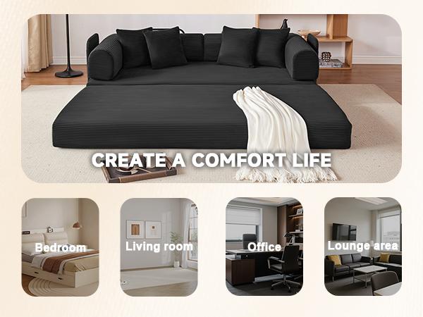 79" Oversized Boneless Couch with 4 Pillows,5 in 1 Convertible Sleeper Futon Sofa Bed with Deep Seat,Corduroy Foldable Modular Floor Pull Out Couch for Living Room,No Assemble