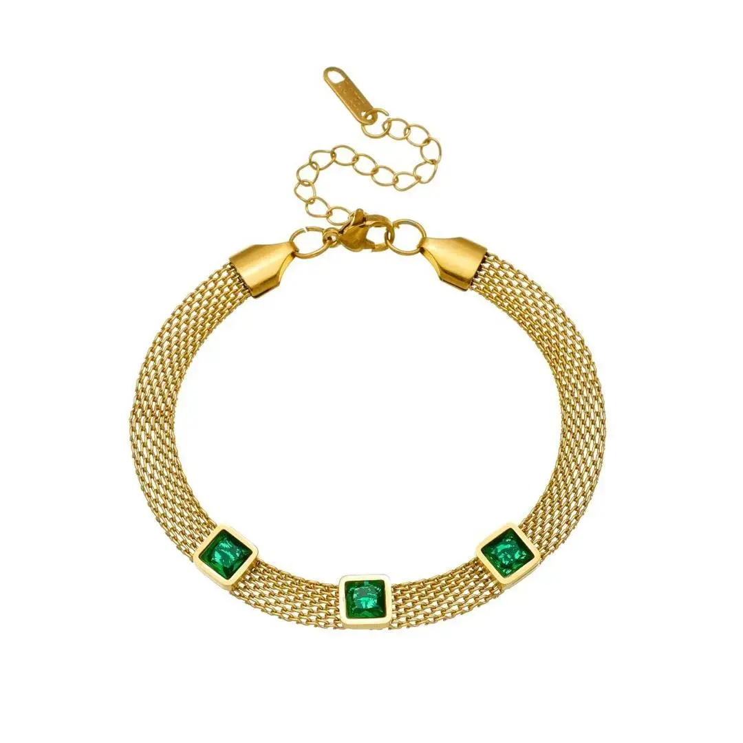 Vintage Zirconia Green Square Charm Bracelet Female Gold Color Stainless Steel Weave Chain Link Bracelet for Woman Jewelry Gift