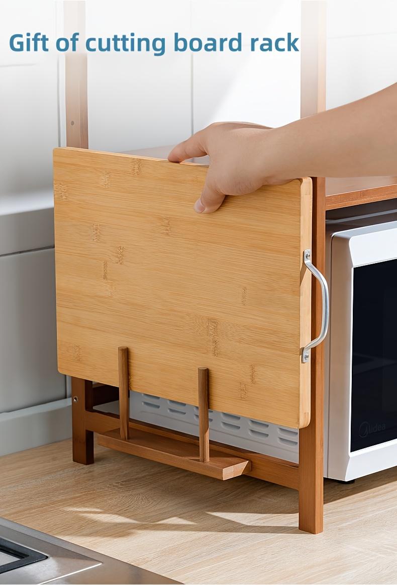 1pcs Bamboo Kitchen Countertop Oven Rack with Hooks and Cutting Board Holder Space Saving Vertical Microwave Storage Shelf Multi - functional Condiment Organizer Heavy Duty Easy Installation