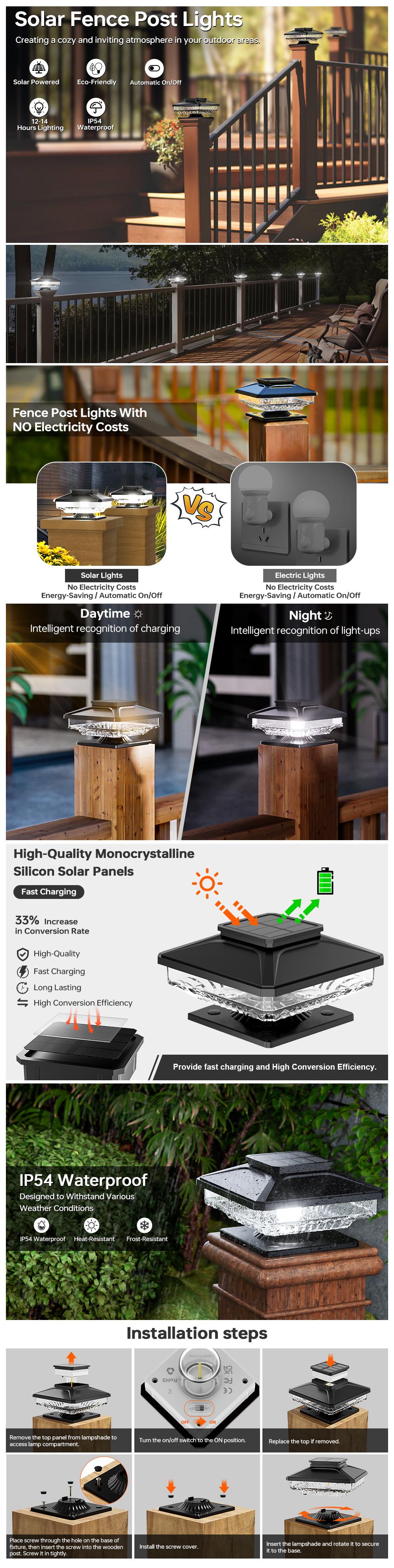 Solar Post Cap Lights , Bright White Solar Post Lights Outdoor Waterproof Fence Post Cap Lights, Outside Post Lights Solar Powered Deck Lights for 4x4 4.5x4.5 5x5 Posts in Garden Or Patio Decor Black