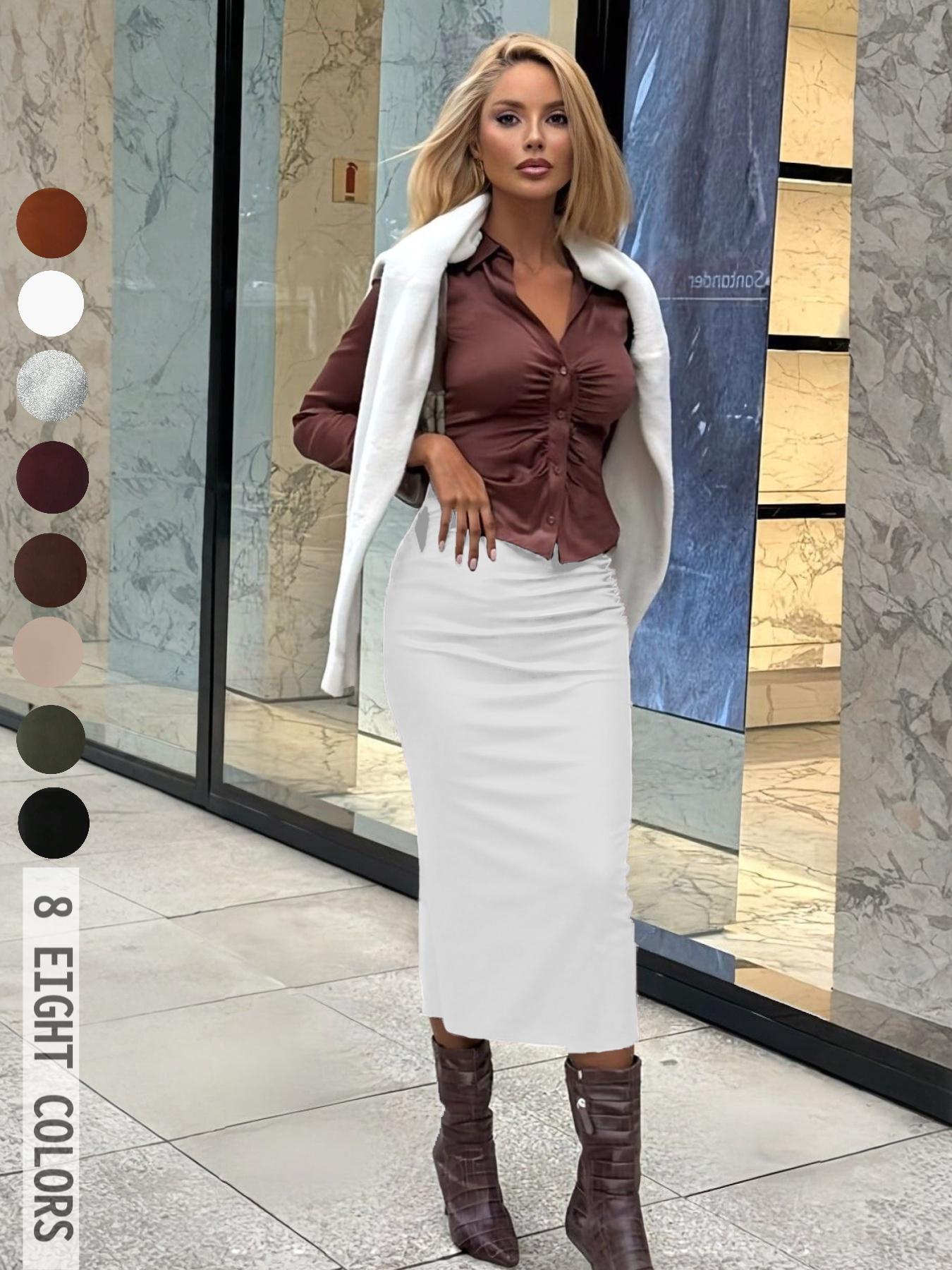 [Susan Exclusive]Women's Plain A-Line Midi Skirt for Casual Daily Wear, High Waist Split Thigh Design, All Seasons Fashion