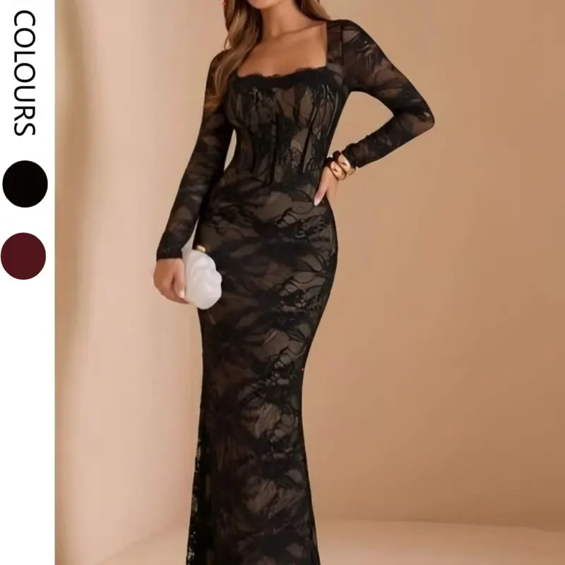 Elegant Chic Lace Bodycon Long Dress, Sexy Cutout Back Split, Perfect for Parties and Weddings, Women's Evening Gown