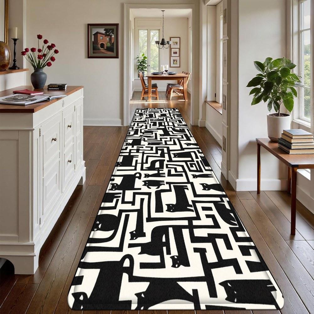 1PC， Black and White Geometric Maze Pattern strip rugs, home décor, bathroom mats, entryway mats, bathroom non-slip mats, indoor entrance rugs, bedroom bedside mats, kitchen mats, hallway rugs, flannel sponge rugs, hallway runner rugs
