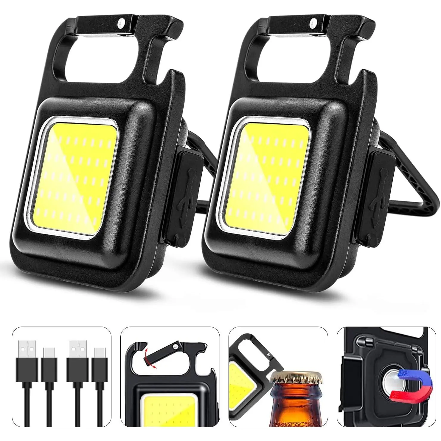 Rechargeable Keychain Flashlight 2Pack, High Lumen Super Bright LED Work Light with Magnet,Clip,Bottle Opener for Dog Walking,Car Repair, Emergency,Camping,EDC