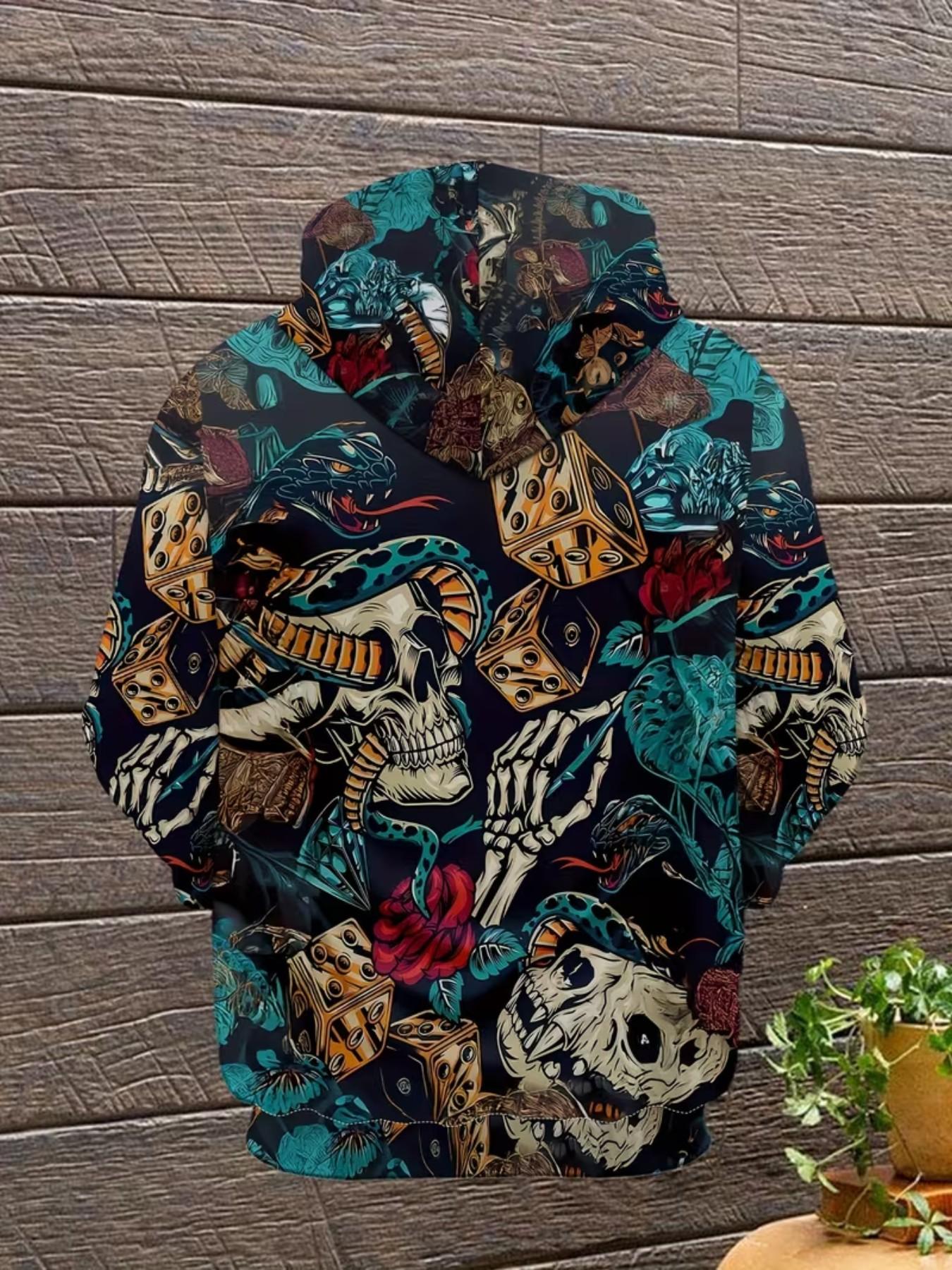Men's 3D Skull Snake Print Hoodie, Long Sleeve Pullover, Casual Fitted Jacket, Urban Style, Comfortable Fabric