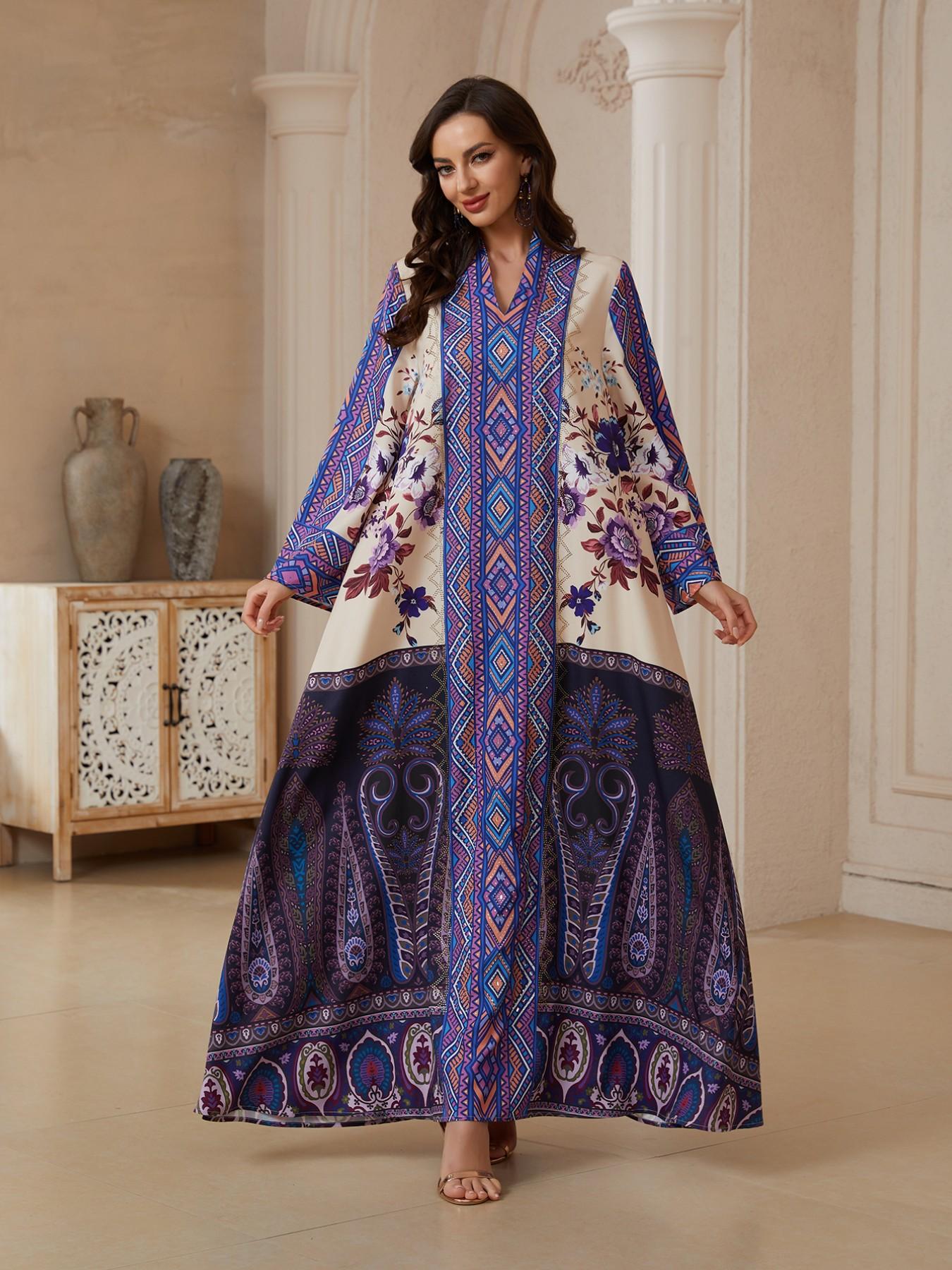 Middle Eastern Eid Limited Edition Multi-Color Patchwork Vintage Paisley Print Robe, Women's Loose Abaya Dress, Elegant Traditional Attire