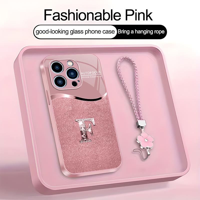 Luxury Pink Phone Case with Lanyard Initial Letter A-Z Cover for iPhone 15 Pro Max --975