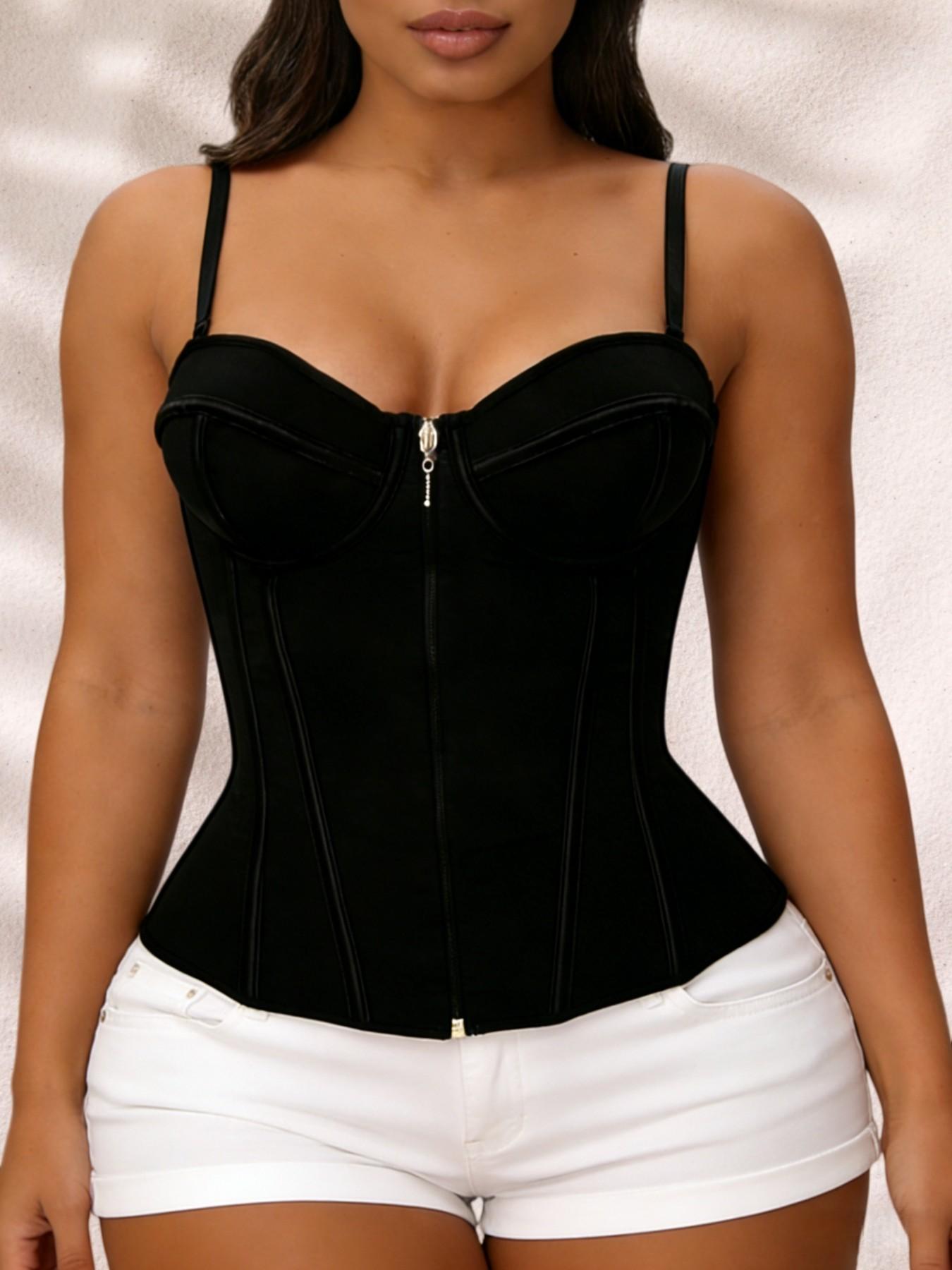 Lady's Solid Adjustable Spaghetti Strap Steel Bone Shaperwear Tops, Adjustable Zipper Shapewear, Waist Trainer, High Support Tight Fitting Zipper Closure Corset, Girdle, Suitable for Daily Wear Or Valentine's Day