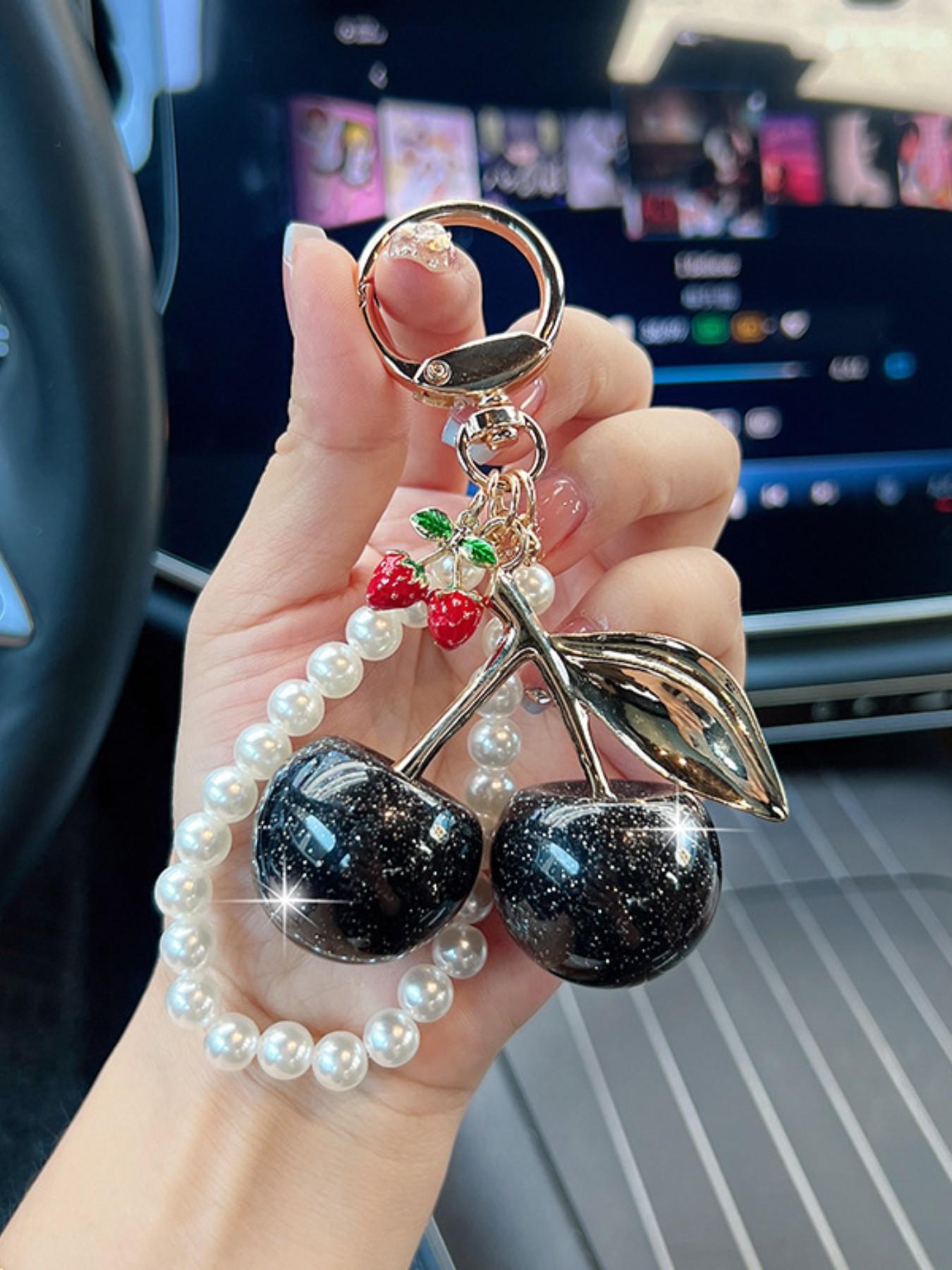 Women's Pearl Chain Sparkle Cherry Fashion Car Keychain, Creative Bag Decoration Charm, Stylish Key Ring Gift Choice, All Seasons, Keychain For Bags