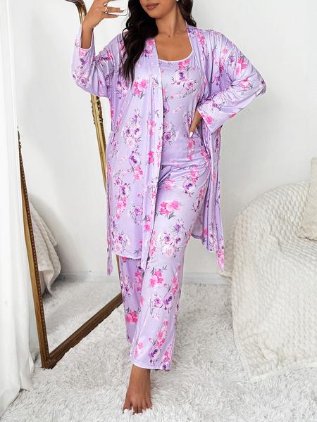 【Plus Size】 Floral Print Lounge Robe & Cami Top & Pants Pyjama Set, Casual Comfy Loungewear Set for Women, Women's Sleepwear for Spring & Fall, Soft Pajamas