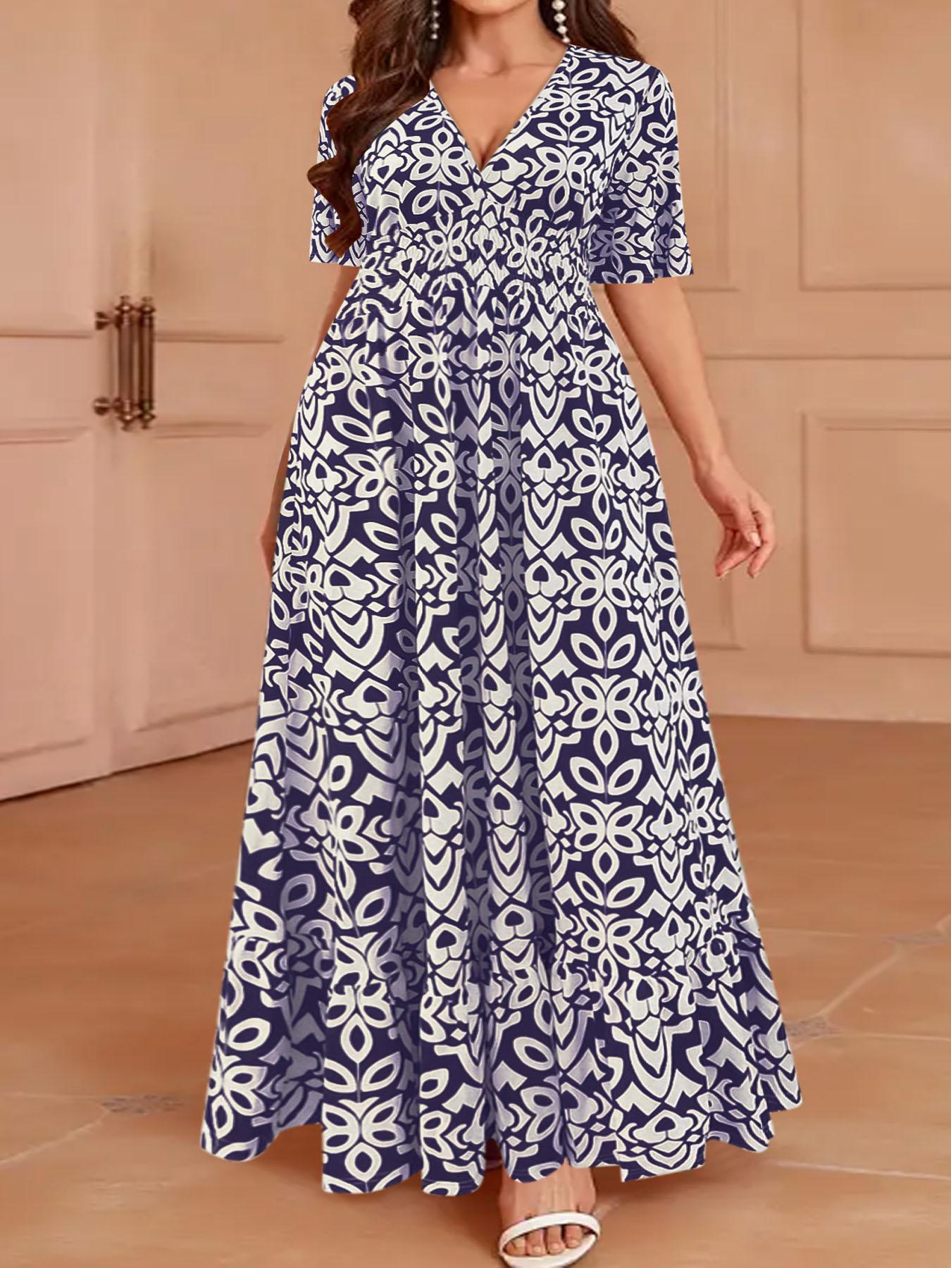 Plus Size Vintage Totem Print Dress, Half Sleeve Design, Curvy Slimming Vacation Dress