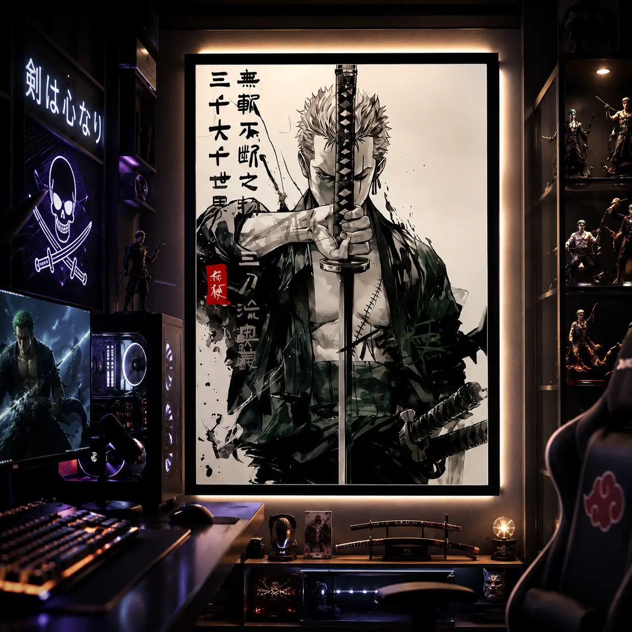 Zoro Samurai Anime Canvas Poster, Japanese 2D Flat Artwork Wall Art Print, Waterproof Manga Style Decor for Bedroom Dorm Gaming Room Office, Japanese Aesthetic Home Decoration, Otaku Collectible Poster, Gift for Anime Fans