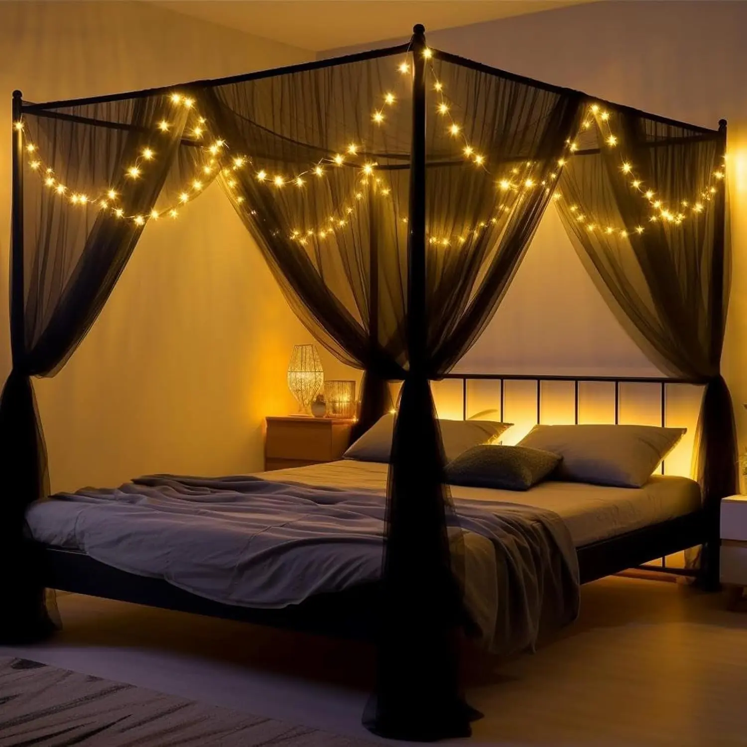Black Net Bed Curtains with 66ft LED Star String Lights| 86.6"W x 79"L x 102"H, 4-Opening Bed Curtains, fits King/Queen//Full beds