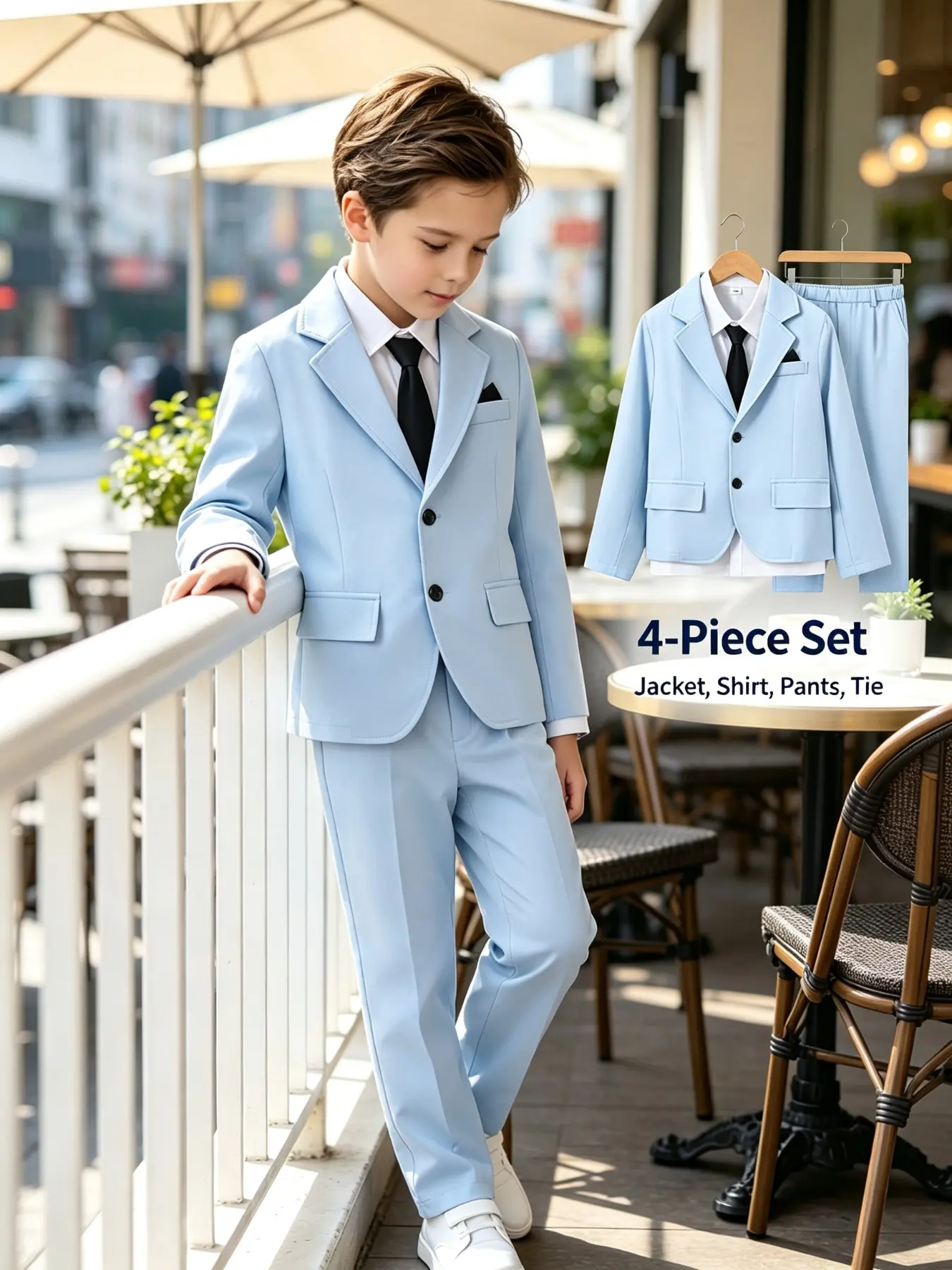 Big Boys Sky Blue 4 Piece Suit Set Elastic Waist Lightweight Breathable Formal Wear Back to School Summer Wedding Ring Bearer Dance Party Outfit School Picture Day Homecoming Tween Comfort Stretch Classic Trend