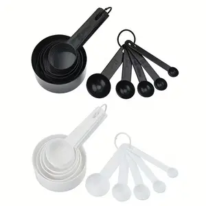 10pcs Black Plastic Baking Measuring Cup and Spoon Set. Kitchen Measuring Spoons with Scale Handle, Coffee Scoop, Seasoning Spoon, Kitchen Measuring Utensils