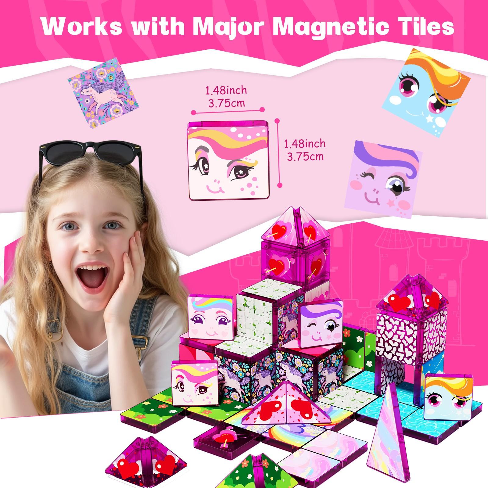 【New Sticker Set】60PCS,1.48inch Creative Sticker Magnetic Tiles,My Little Pony，Magnet Building Blocks Cubes Construction Stacking Educational Assembly Toy Preschool STEM Play Creative Playboard for Toddler Kids Ages 3+,Kids Toys best gift