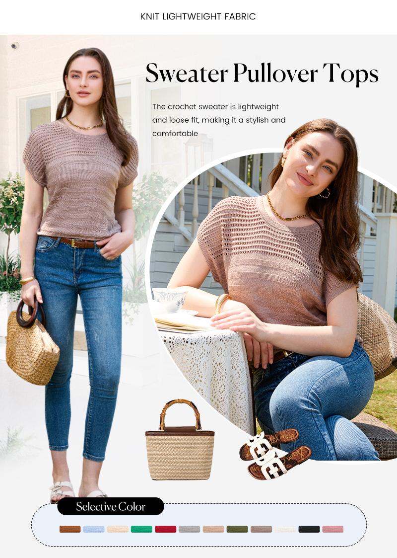 Shewin 2026 Spring/Summer Outfit Women's Crochet Sweaters Crew Neck Short Sleeve Shirts Knitwear Crewneck Tops Knit Eyelet Hollow Out T Shirts Sweater Blouses White Basic Minimalist Fitted