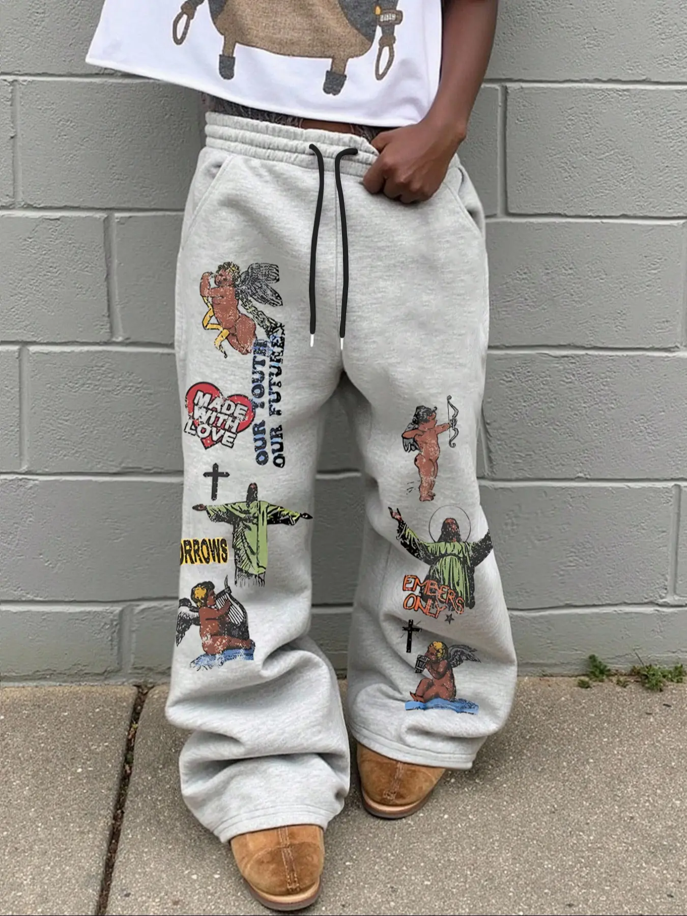 Men's Graphic Waist Drawstring Joggers, Loose-Fitting Gothic Running Pants, Casual All-Season Wear, Unisex Design, Daily Comfort