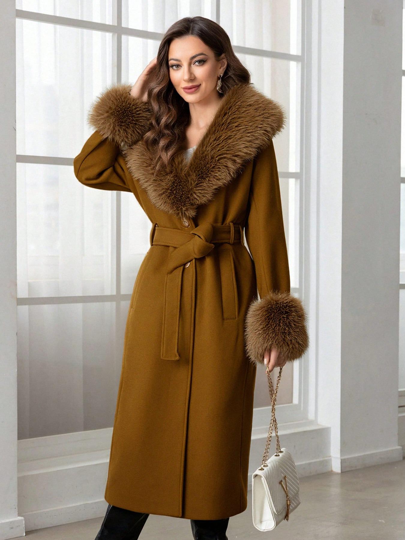 Women's Fall Winter Mid-Length Solid Color Coat, Warm Fitted Coat with Fur Collar, Waist Belt & Pockets, Casual Style, Jackets