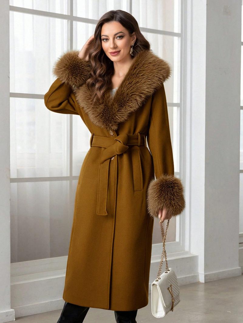 Women's Fall Winter Mid-Length Solid Color Coat, Warm Fitted Coat with Fur Collar, Waist Belt & Pockets, Casual Style