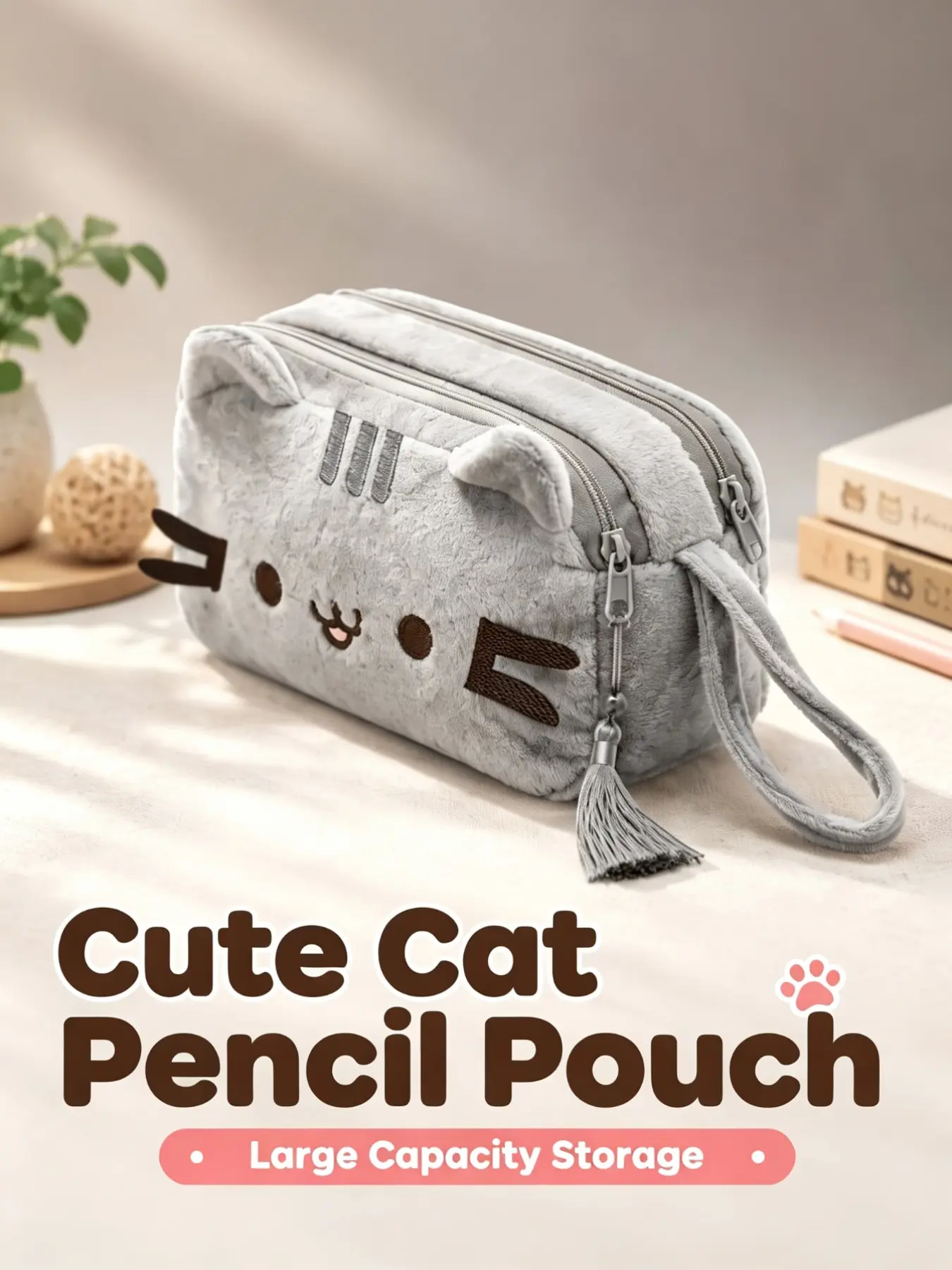 Cute Cat Plush Pencil Case with Tassel Keychain, Large Capacity Cartoon Storage Bag, Multifunctional Student Organizer, Portable Travel Bag, Reliable Storage