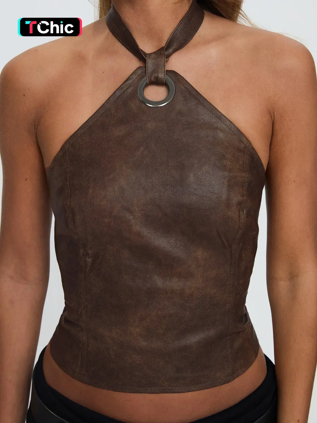 Women's Solid Lace-Up Adjustable Backless Halter Neck PU Leather Top, Backless Halter Camisole, Fashion Casual Chic Fit for Daily Outdoor Wear, Ladies' Womenswear for Summer