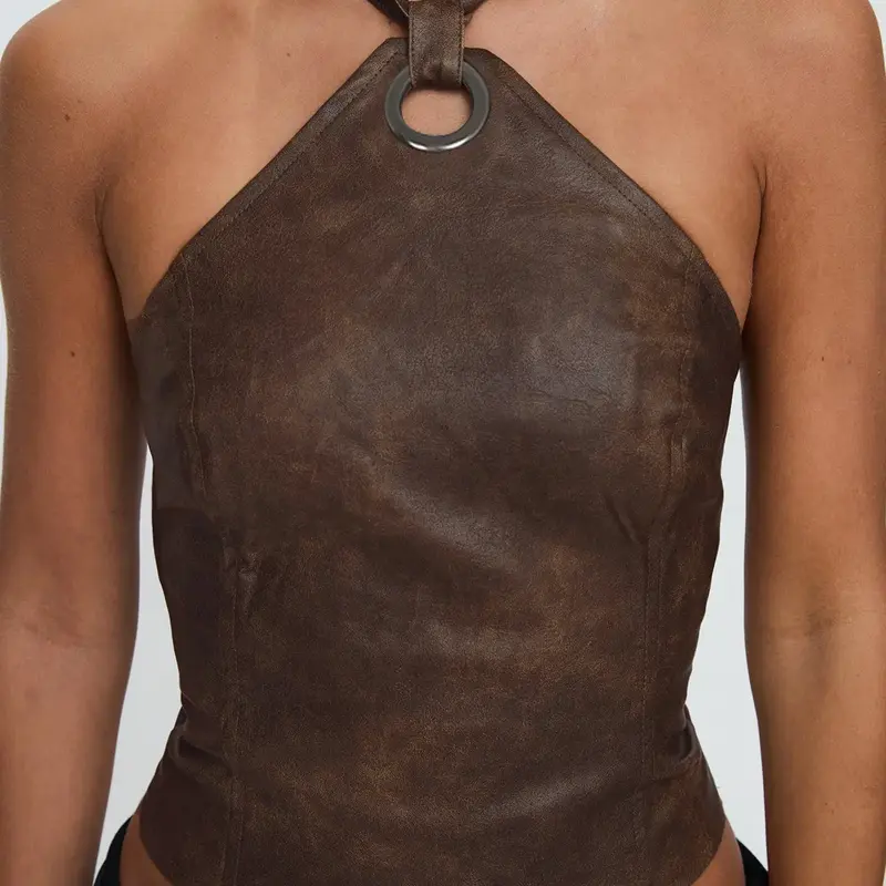 Women's Solid Lace-Up Adjustable Backless Halter Neck PU Leather Top, Backless Halter Camisole, Fashion Casual Sleeveless, Fashion Casual Chic Fit for Daily Outdoor Wear, Ladies' Womenswear for Summer