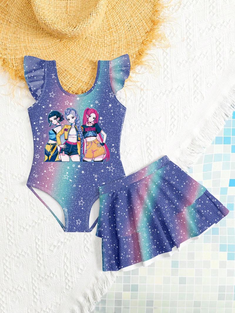 K-Pop Hunter Swimwear, Kpop Demon Hunters Beach Sweetheart Exclusive Swimsuit, Starry Gradient & Girl Group Print, Ruffle Trim Swimsuit, Fashionable Halter Two-Piece Bikini