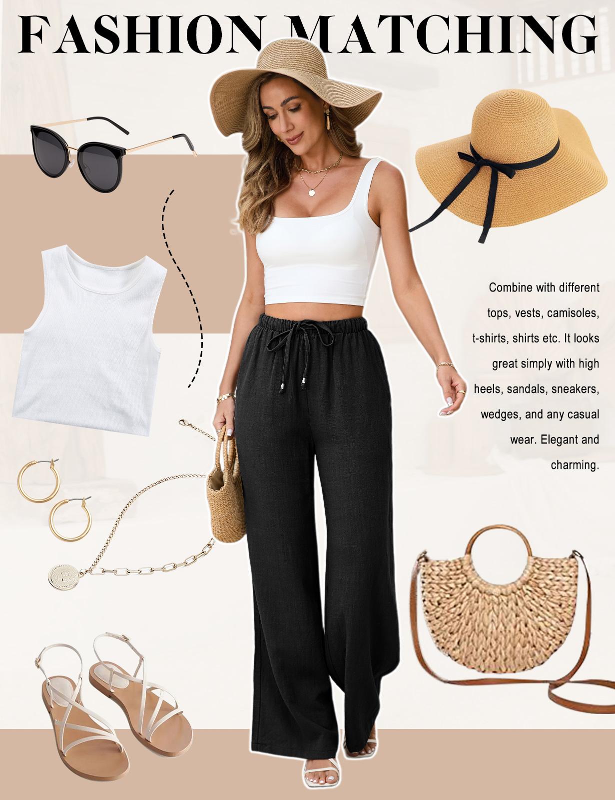 UMIPUBO Shop Womens Linen Pants Casual Wide Leg Pants Summer Palazzo Pants Loose Flowy Beach Pants Drawstring Elastic Trousers Womenswear Womenswear