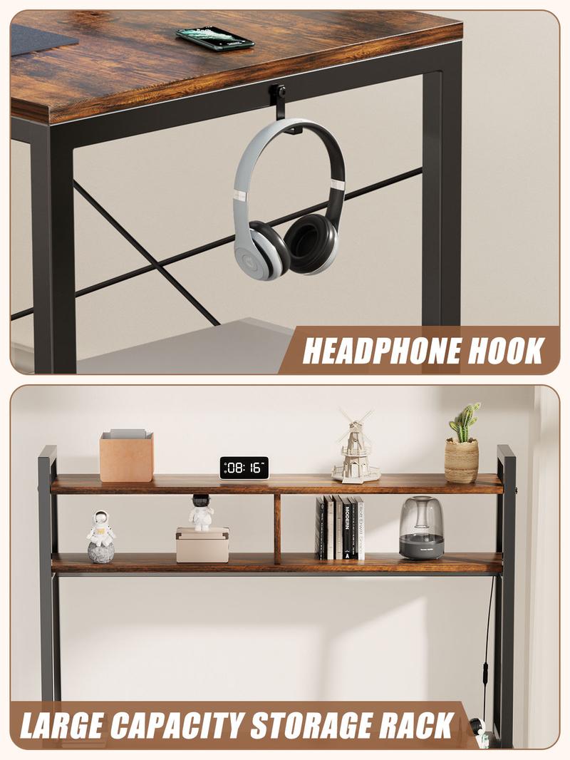 Flycity L-Shaped Gaming Desk or One-Line Table with LED Lights & Power Outlets,and Storage Shelves - 93.3 inch Computer Desk, for Gaming Room, Study, Living Room Modern Furniture Home Office