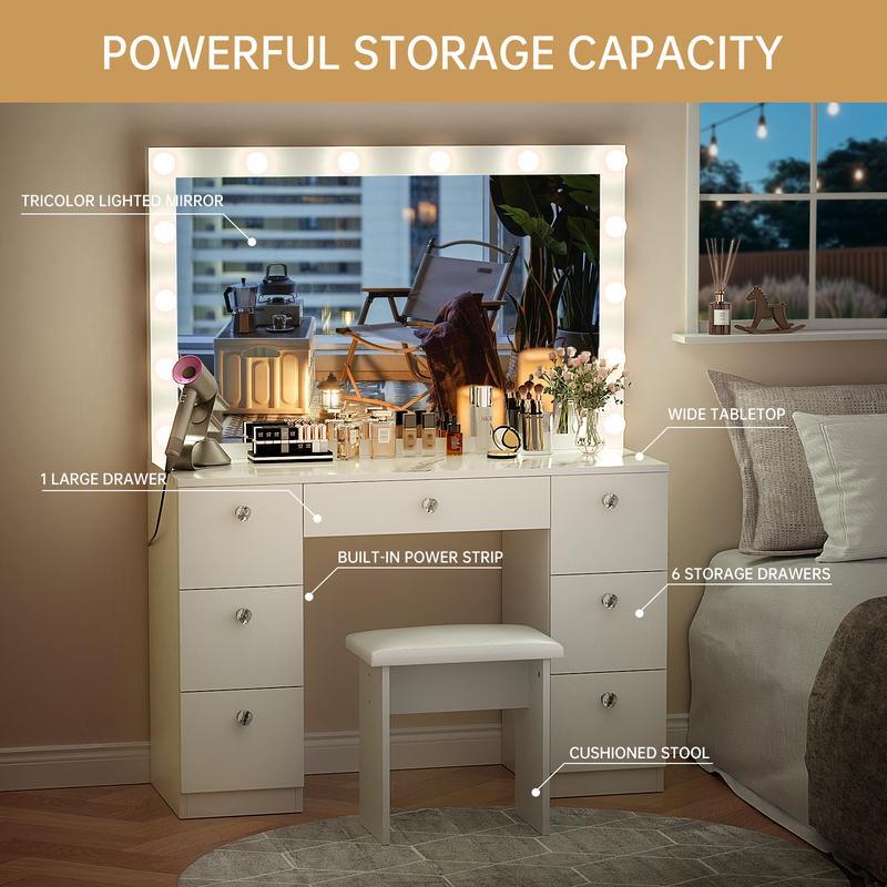 VOWNER 44" Makeup Vanity Table Desk Set With Power Outlet, 14 LED Bulbs Lights Mirror and 7 Drawers Furniture Bedroom, vanity mirror
