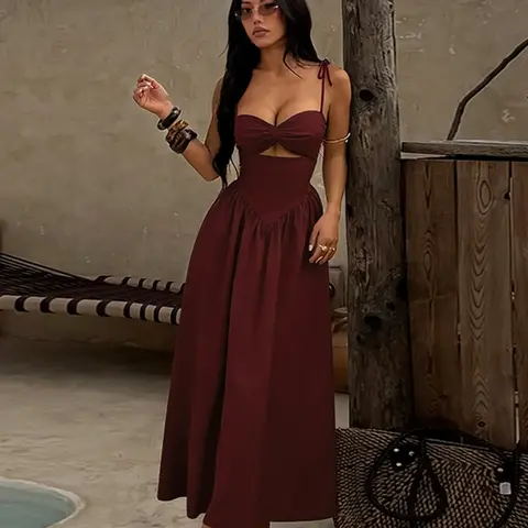 Women's Summer Elegant Stylish Comfortable Hollow Out Waist Tie-Shoulder Cocktail Evening Dress for Parties & Casual Wear