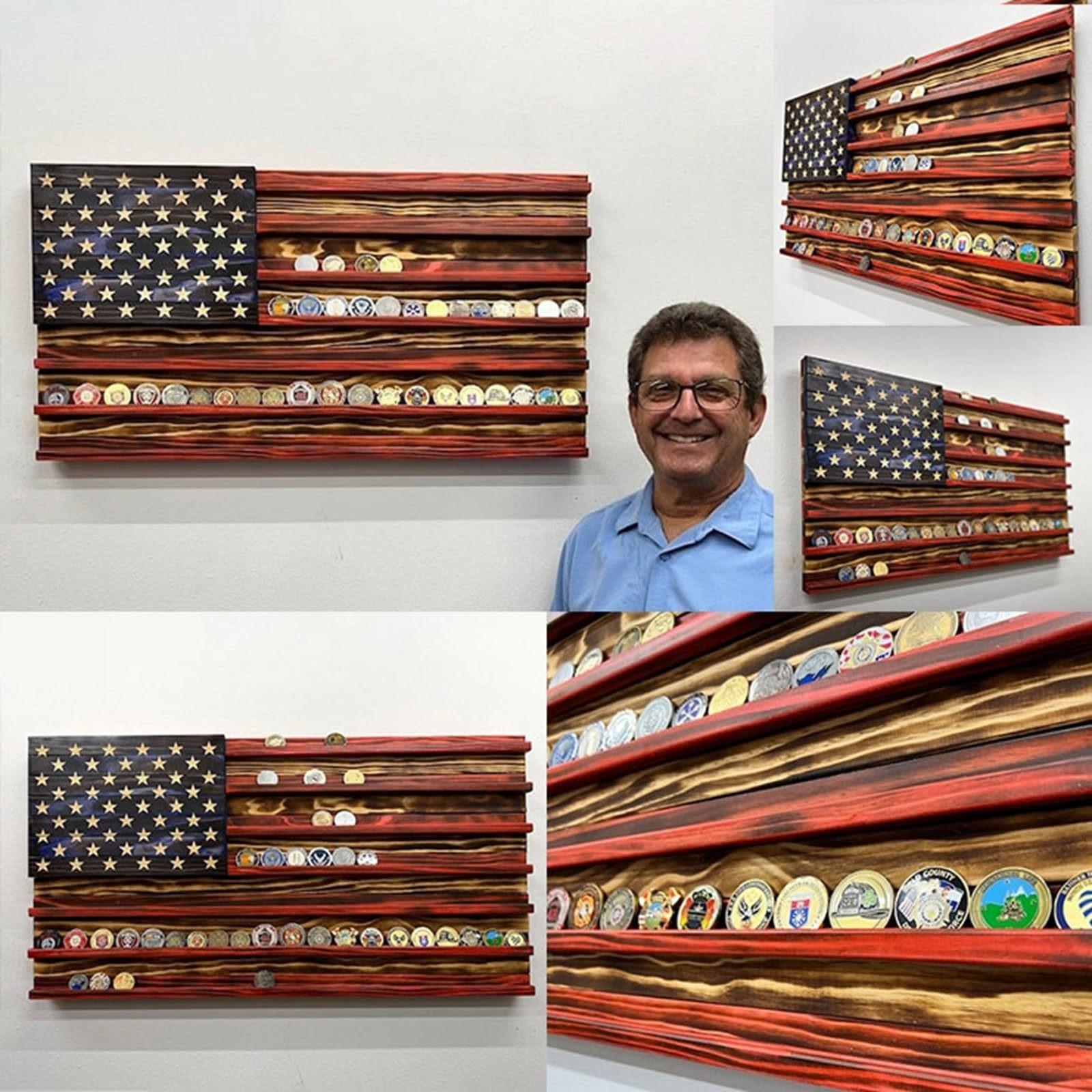 Unique Handcrafted Wooden American Flag Challenge Coin Display, Perfect for Firefighters, Police, and Military Enthusiasts