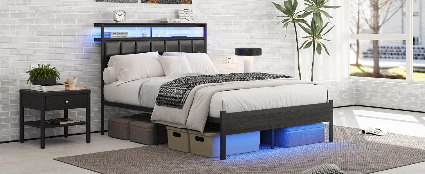 CollaredEagle White Upholstered Twin Platform Bed - Clutter-Free Under, LED Storage Bed with Charging Station, Metal Build with 2-Tier Shelves, No Box Spring Needed, Fast-Install Modern Bedroom Furniture, Led Storage Bed Frames