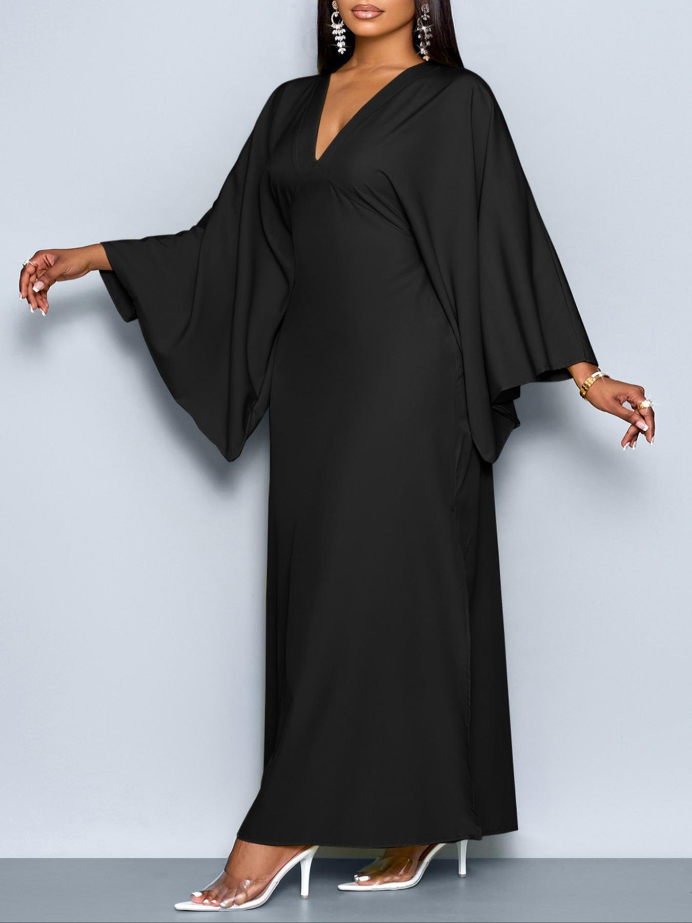 Women's Elegant Fall Casual Loose-Fit Dress, Deep V-Neck Long Sleeve High-Waisted Split Hem, Plus Size Woven Fabric Womenswear