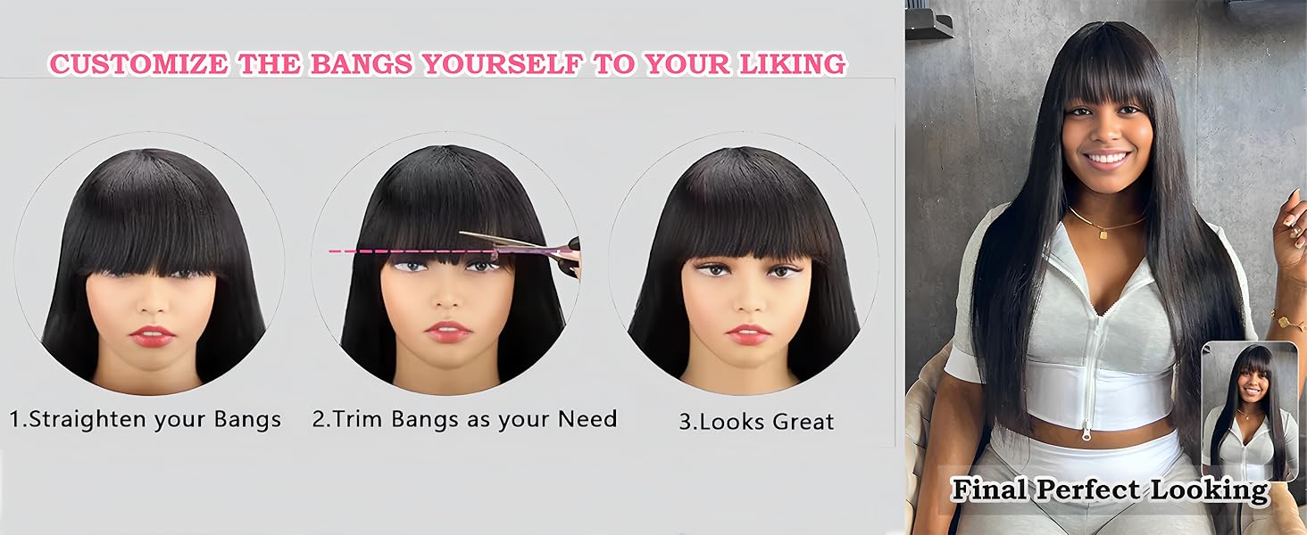 [New Upgrade With Drawstring] CheetahBeauty Glueless Wigs Straight 2×4 Lace Closure Wig Human Hair with Bangs Upgraded Drawstring Loose Body 180% Density Brazilian Virgin Human Hair for Women Natural Black