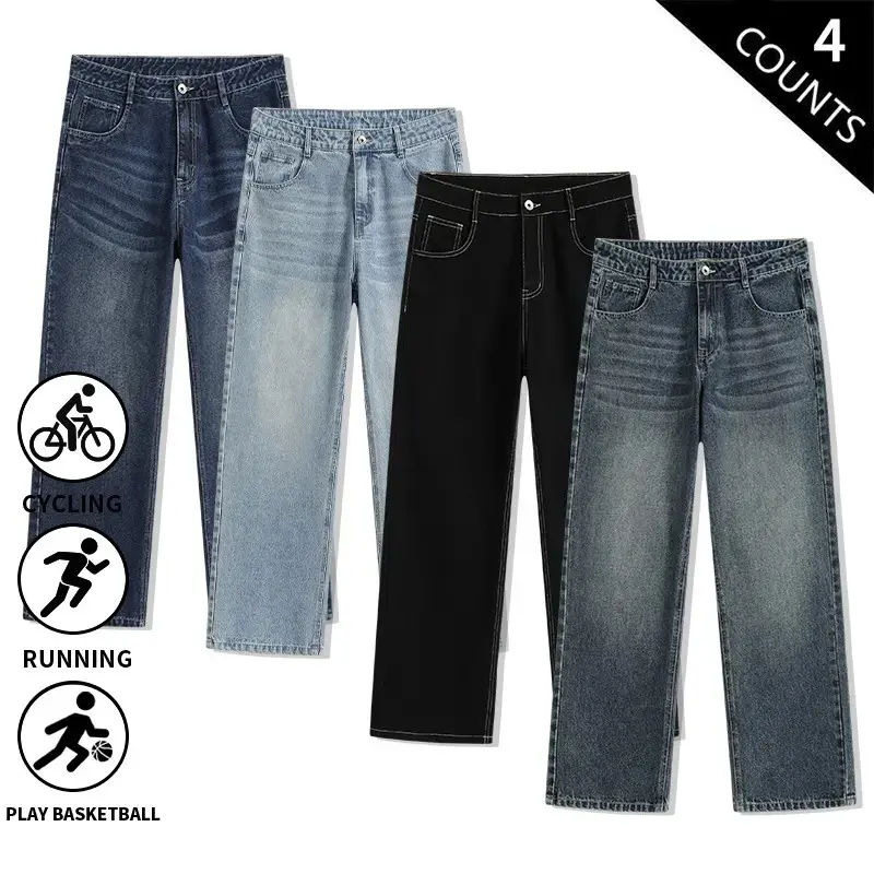 Men's Vintage Straight-Leg Denim Jeans Set (4-Pack) - Mid-Rise Relaxed Fit Classic Washed Menswear Jeans, Year-Round for Streetwear and Everyday Casual Wear
