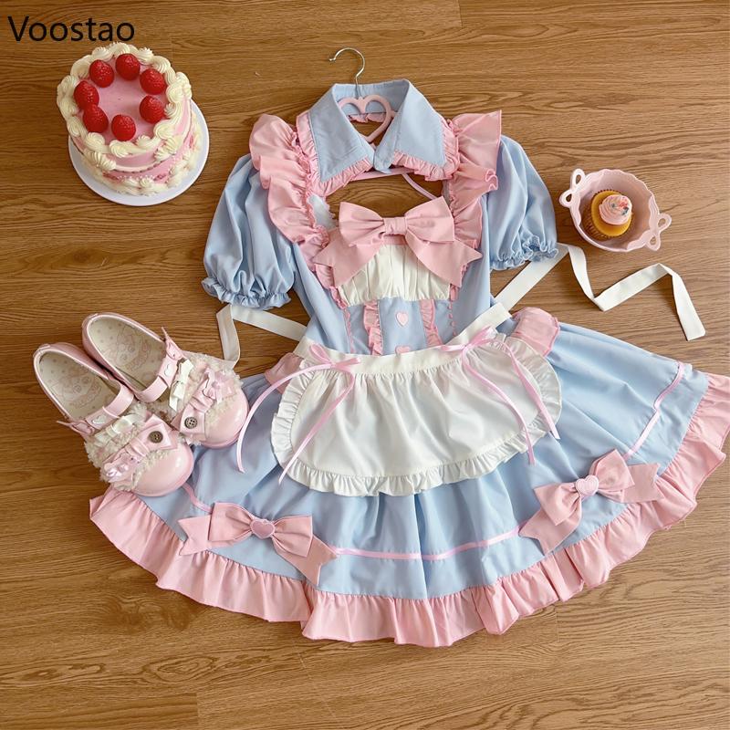 Women's Anime Lolita Maid Dress Set - Sweet Puff Sleeve with Bow, Apron Included, Gothic Clothes for Halloween Cosplay Party, Lady Fashion Accessories