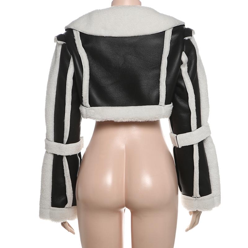 DOUCIU New Autumn And Winter Fashion Personality All-Match Hip-Hop Joint Cool Loose Casual Warm Ladies Retro Pu Leather Contrast Color Cardigan Short Jacket Coats