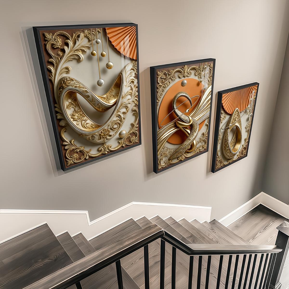 3 Counts Aluminum Alloy Framed Painting, Abstract Gold And Beige Geometric Art Pictures, Home Decoration For Living Room, Bedroom, Office, Restaurant, Hallway Wall Decor, Odorless Print Artwork, Luxury Perfect Gift For Friends And Family