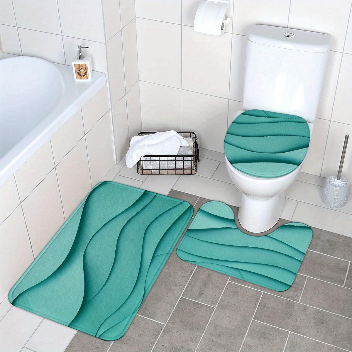 3pcs Green 3D Wave Pattern Bathroom Mat Set, Soft Flannel, Toilet Lid Cover, U-Shaped Toilet Mat, 100% Polyester, Modern Design, Home Bathroom Decor, Stylish Bathroom Accessory, Bathroom Rug Se
